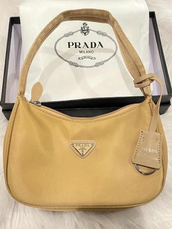 fashion brand Handbags - Pra da inspired Beige Nylon Shoulder Bag with Leather Trim reedition